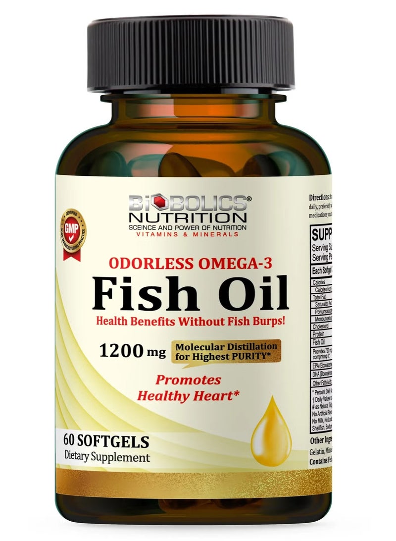 Biobolics Nutrition Omega 3 Fish Oil 1200mg Softgel Capsules EPA DHA Daily Wellness Supplement 60 Capsules